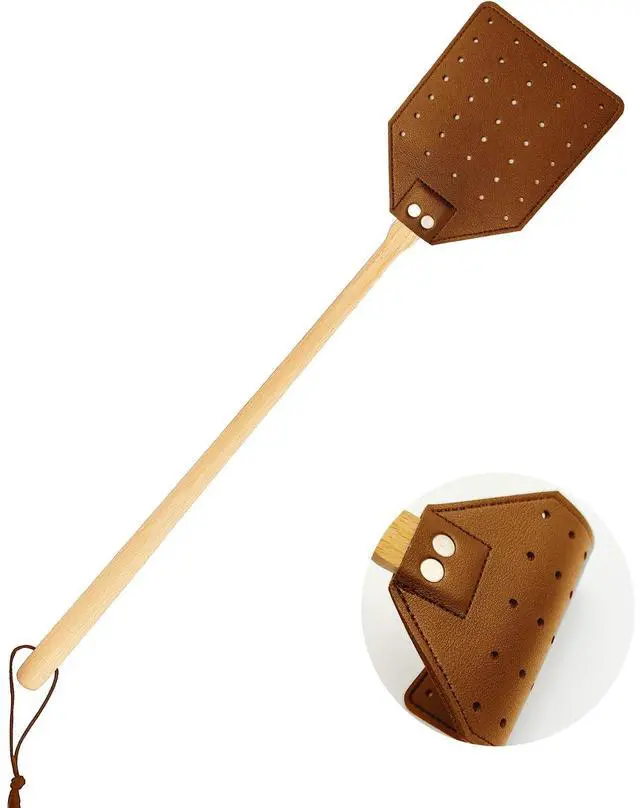 Main image of Heavy Duty Leather Fly Swatter, Long Handle Fly Swatter with Beech Wood Handle 19.7" Length, Flyswatter for Indoor and Outdoor (Brown)