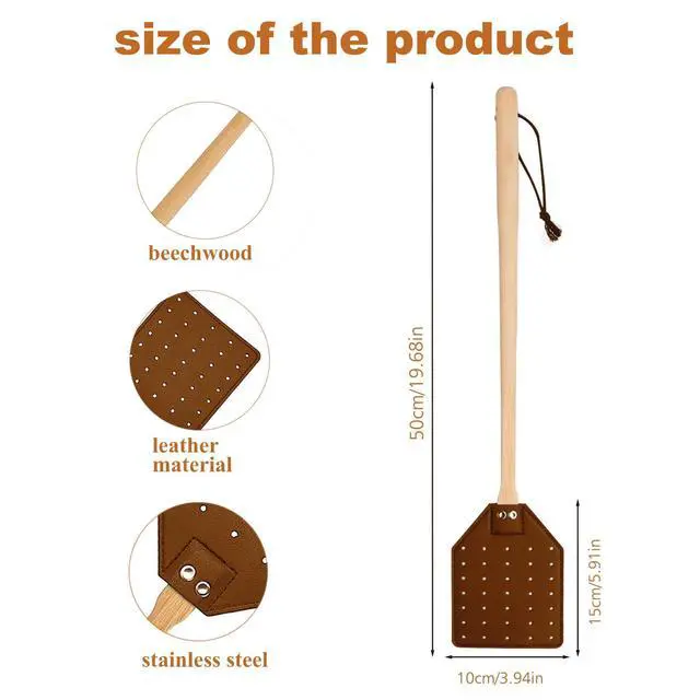 Alt view image 2 of 7 - Heavy Duty Leather Fly Swatter, Long Handle Fly Swatter with Beech Wood Handle 19.7" Length, Flyswatter for Indoor and Outdoor (Brown)