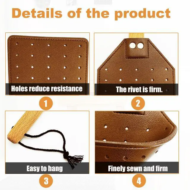 Alt view image 3 of 7 - Heavy Duty Leather Fly Swatter, Long Handle Fly Swatter with Beech Wood Handle 19.7" Length, Flyswatter for Indoor and Outdoor (Brown)