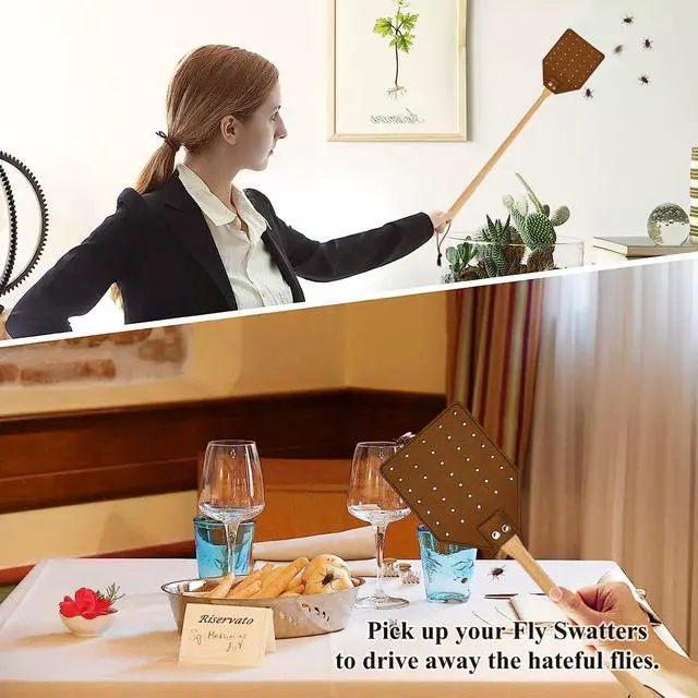 Alt view image 5 of 7 - Heavy Duty Leather Fly Swatter, Long Handle Fly Swatter with Beech Wood Handle 19.7" Length, Flyswatter for Indoor and Outdoor (Brown)
