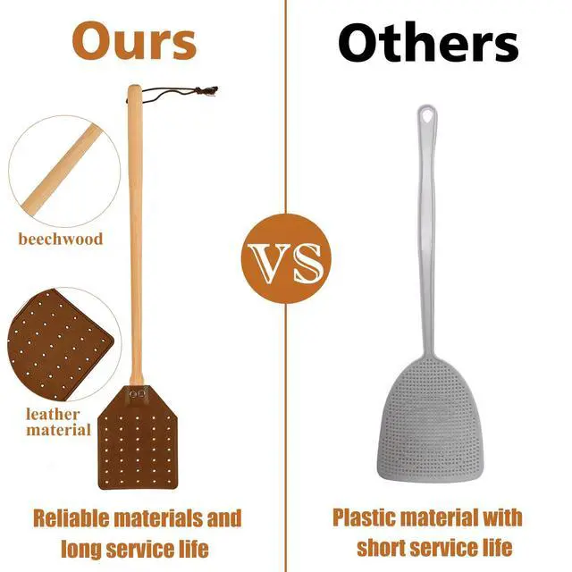 Alt view image 4 of 7 - Heavy Duty Leather Fly Swatter, Long Handle Fly Swatter with Beech Wood Handle 19.7" Length, Flyswatter for Indoor and Outdoor (Brown)