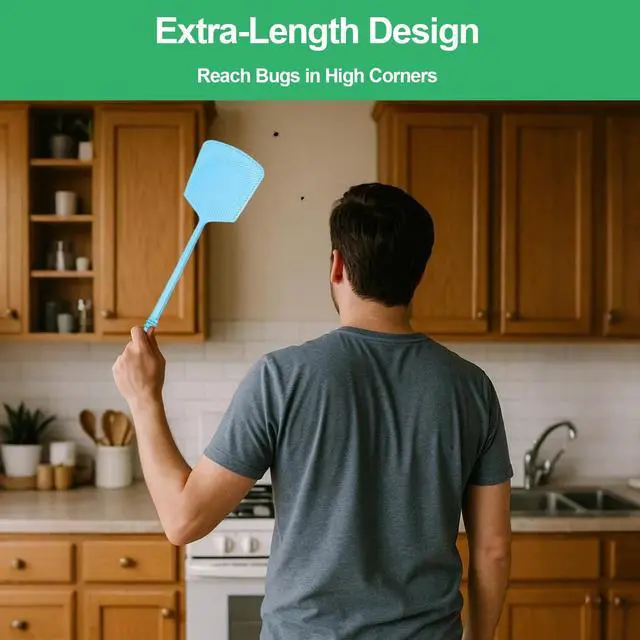 Alt view image 4 of 6 - 4 Pack Heavy Duty Fly Swatters, Extra Long 17.7in Plastic Bug Swatter with Non-Slip Handle Indoor/Outdoor Manual Insect Tool, Durable & Reusable (Colorful)