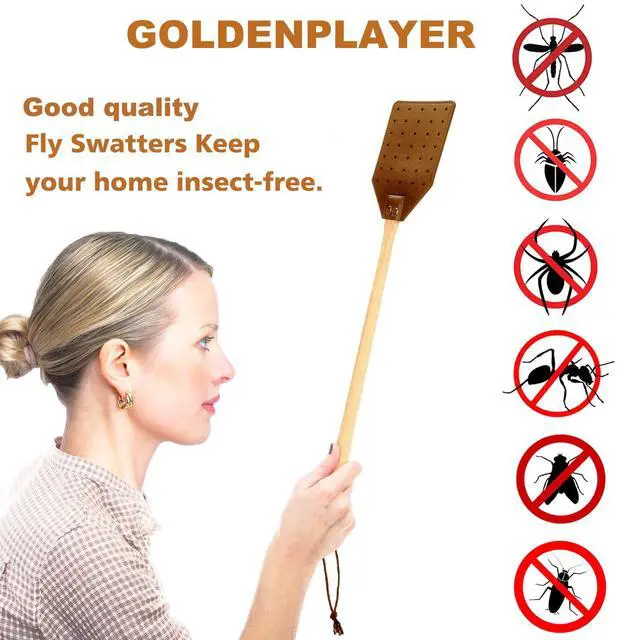 Alt view image 6 of 7 - Heavy Duty Leather Fly Swatter, Long Handle Fly Swatter with Beech Wood Handle 19.7" Length, Flyswatter for Indoor and Outdoor (Brown)
