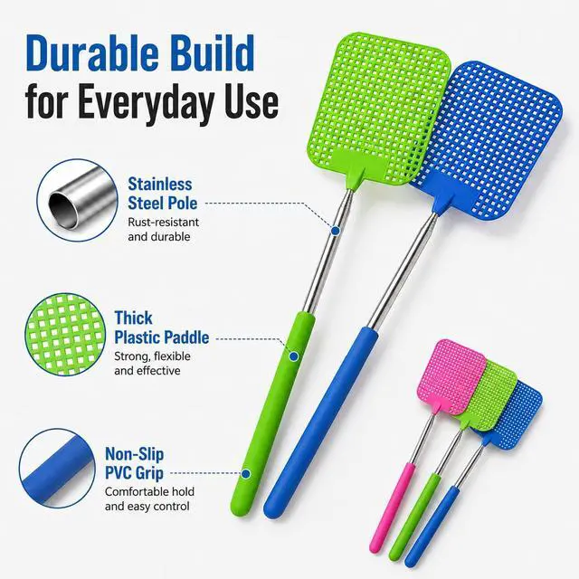 Alt view image 3 of 7 - Telescopic Fly Swatter 3 Pack, 28.3-Inch Stainless Handle