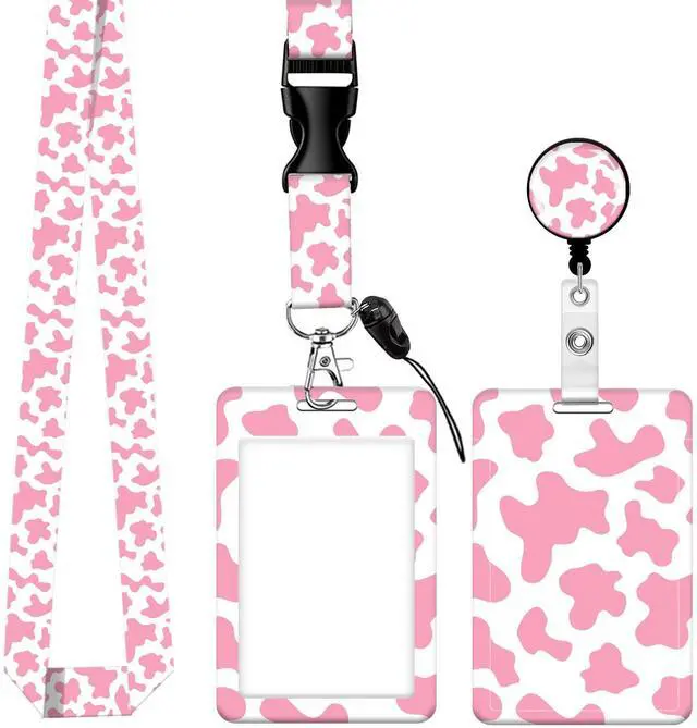 Main image of Cute ID Badge Holder with Retractable Clip,Adjustable Badge Lanyard, Reels for Women Kid Teacher Nurse Doctor Student - Pink Cow Print