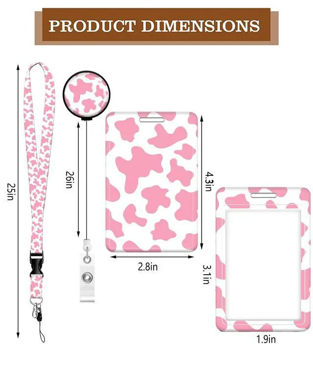 Alt view image 2 of 6 - Cute ID Badge Holder with Retractable Clip,Adjustable Badge Lanyard, Reels for Women Kid Teacher Nurse Doctor Student - Pink Cow Print