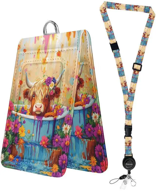 Main image of Highland Cow Lanyards for ID Badges, Leather Badges Holder with Double Sided Windows, Cute Adjustable Lanyard with Retractable Reel, Quick-Release Buckles Breakaway Neck Lanyards