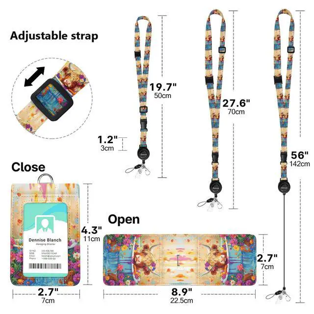 Alt view image 3 of 7 - Highland Cow Lanyards for ID Badges, Leather Badges Holder with Double Sided Windows, Cute Adjustable Lanyard with Retractable Reel, Quick-Release Buckles Breakaway Neck Lanyards