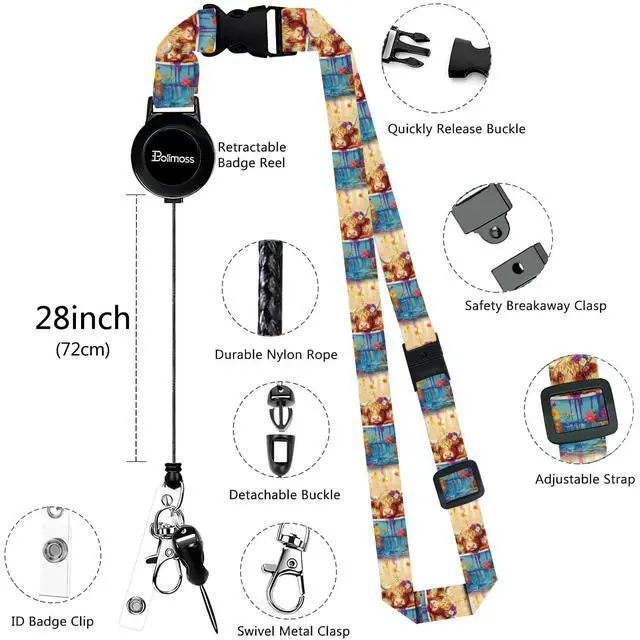 Alt view image 7 of 7 - Highland Cow Lanyards for ID Badges, Leather Badges Holder with Double Sided Windows, Cute Adjustable Lanyard with Retractable Reel, Quick-Release Buckles Breakaway Neck Lanyards