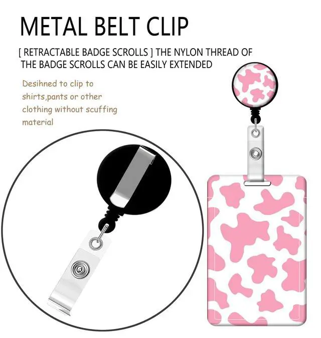 Alt view image 4 of 6 - Cute ID Badge Holder with Retractable Clip,Adjustable Badge Lanyard, Reels for Women Kid Teacher Nurse Doctor Student - Pink Cow Print