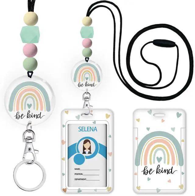 Main image of Rainbow Teacher Lanyards for ID Badges and Keys, Cute Silicone Beaded Breakaway Lanyard for Women Nurses Educators School, Keychain with Name Tag Badge Holder