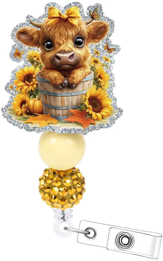Main image of Highland Cow Badge Reel Retractable - Cosmisun Cute Cow Sunflower Badge Reels Acrylic Glitter Badge Holder Alligator Clip Nurse ID Name Badge Holder Gift for Doctors Nursing Student Teacher Worker