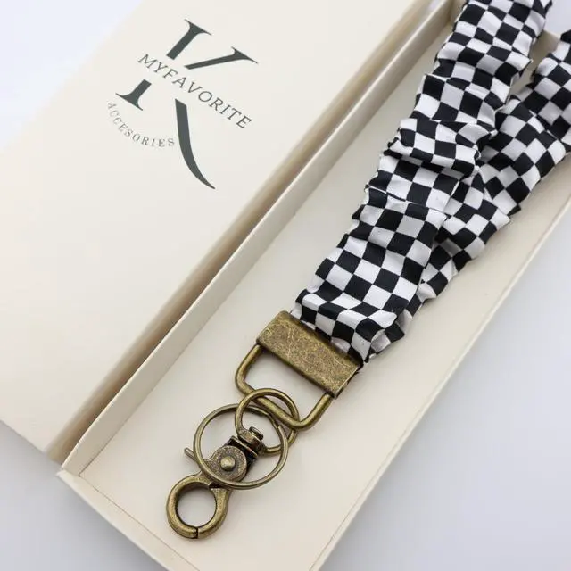 Alt view image 6 of 6 - Stretchy Scrunchie Lanyard for ID Badges Cute Neck Lanyard for Keys Retractable Keychain Holder for Women (B&W)