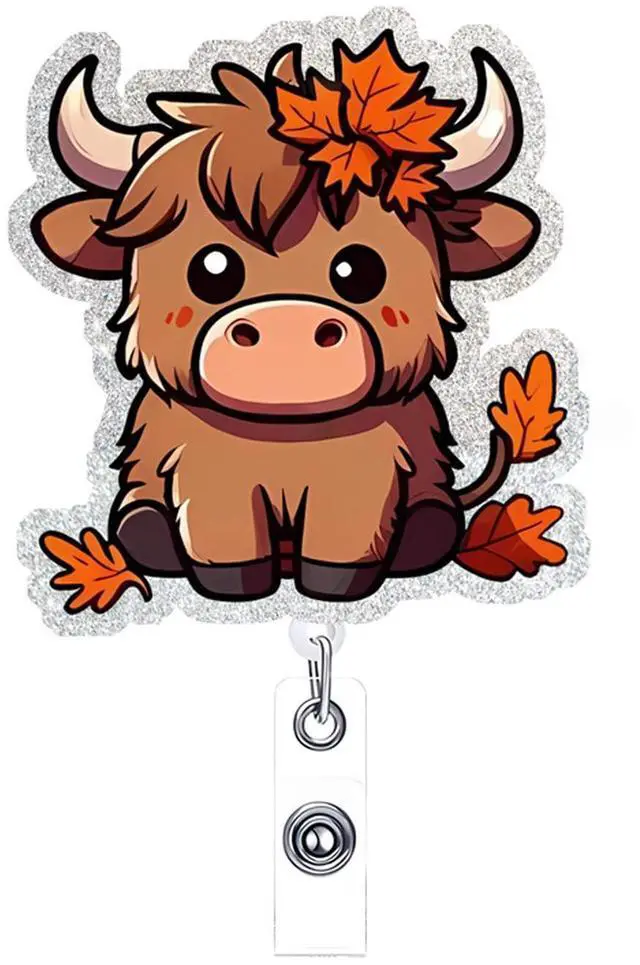 Main image of Cow Badge Reel Retractable ID Name Holder Alligator Clip DIY Crafts Halloween Cute Highland Cow Badge Reels Acrylic ID Clip for Nursing Nurse Teacher Student Badge Clip Decor