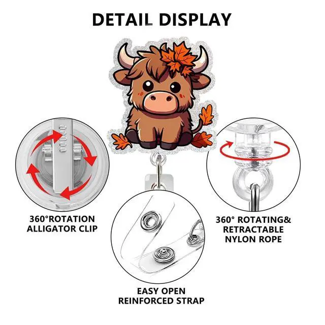Alt view image 3 of 7 - Cow Badge Reel Retractable ID Name Holder Alligator Clip DIY Crafts Halloween Cute Highland Cow Badge Reels Acrylic ID Clip for Nursing Nurse Teacher Student Badge Clip Decor