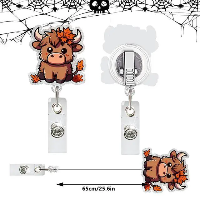Alt view image 4 of 7 - Cow Badge Reel Retractable ID Name Holder Alligator Clip DIY Crafts Halloween Cute Highland Cow Badge Reels Acrylic ID Clip for Nursing Nurse Teacher Student Badge Clip Decor