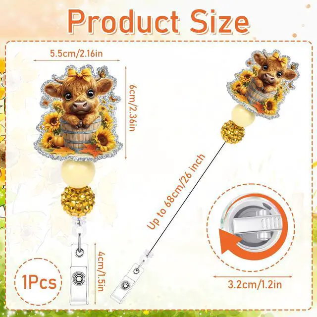 Alt view image 2 of 6 - Highland Cow Badge Reel Retractable - Cosmisun Cute Cow Sunflower Badge Reels Acrylic Glitter Badge Holder Alligator Clip Nurse ID Name Badge Holder Gift for Doctors Nursing Student Teacher Worker