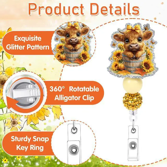 Alt view image 3 of 6 - Highland Cow Badge Reel Retractable - Cosmisun Cute Cow Sunflower Badge Reels Acrylic Glitter Badge Holder Alligator Clip Nurse ID Name Badge Holder Gift for Doctors Nursing Student Teacher Worker