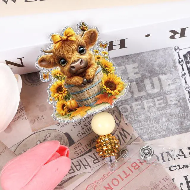 Alt view image 4 of 6 - Highland Cow Badge Reel Retractable - Cosmisun Cute Cow Sunflower Badge Reels Acrylic Glitter Badge Holder Alligator Clip Nurse ID Name Badge Holder Gift for Doctors Nursing Student Teacher Worker