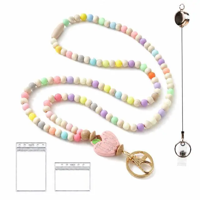 Main image of Wooden Beaded Lanyard for Women - Teacher Nurse ID Badge Holder - Retractable Breakaway Keychain for Keys (Cute Boho Style with Heart & Colorful Beads)