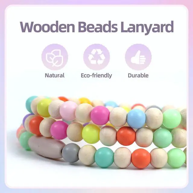 Alt view image 6 of 7 - Wooden Beaded Lanyard for Women - Teacher Nurse ID Badge Holder - Retractable Breakaway Keychain for Keys (Cute Boho Style with Heart & Colorful Beads)