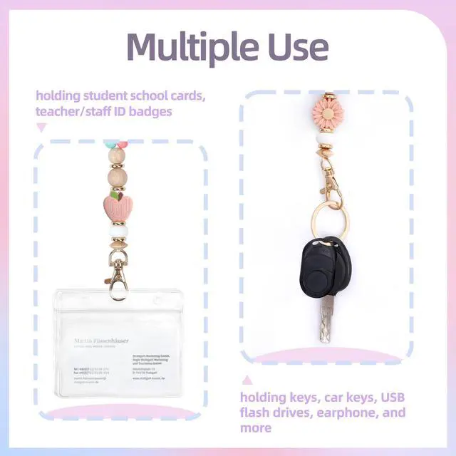 Alt view image 7 of 7 - Wooden Beaded Lanyard for Women - Teacher Nurse ID Badge Holder - Retractable Breakaway Keychain for Keys (Cute Boho Style with Heart & Colorful Beads)