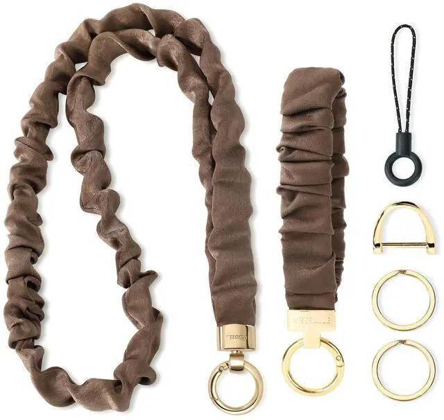 Main image of Brown Satin Lanyard and Wristlet Keychain Set for ID Badges