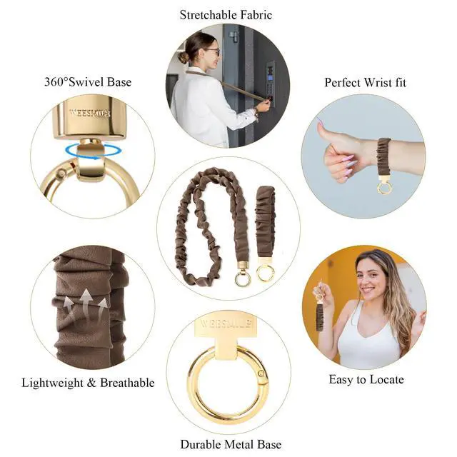 Alt view image 7 of 7 - Brown Satin Lanyard and Wristlet Keychain Set for ID Badges