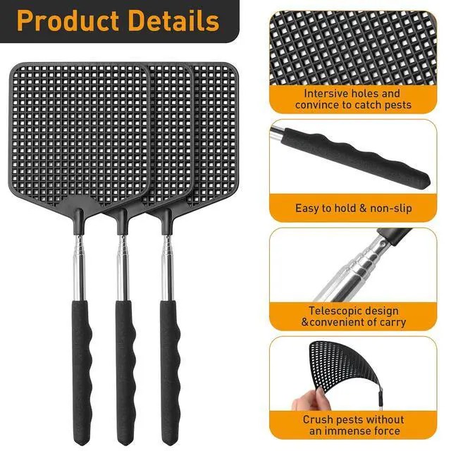 Alt view image 2 of 7 - Telescopic Fly Swatter 3 Pack, Premium Plastic Fly Swatter, Flyswatters Heavy Duty, Stainless Steel HandleBlack