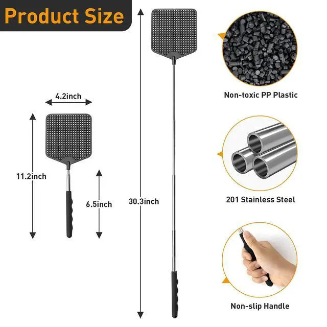 Alt view image 3 of 7 - Telescopic Fly Swatter 3 Pack, Premium Plastic Fly Swatter, Flyswatters Heavy Duty, Stainless Steel HandleBlack