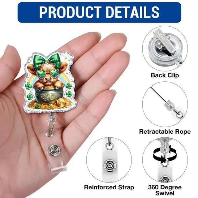 Alt view image 2 of 6 - St Patricks Day Cow Badge Reel - Highland Cow Badge Holder Retractable for Nurse Doctor Teacher Nursing Student Police Worker Office Staff ID Card Decor