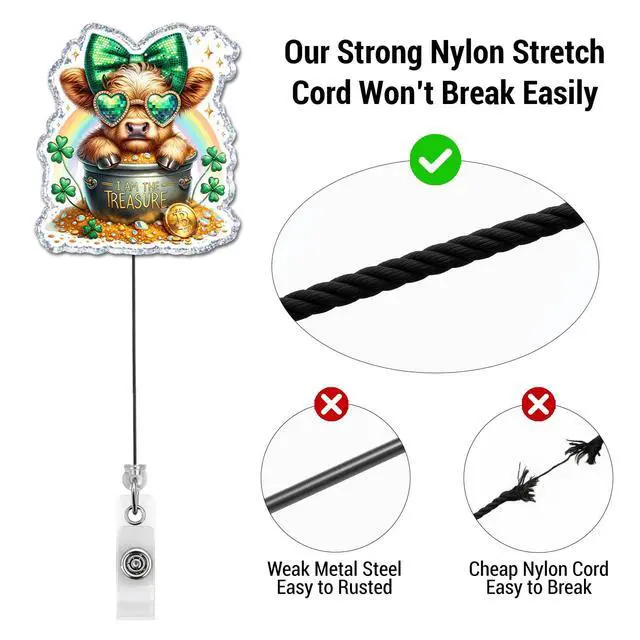 Alt view image 3 of 6 - St Patricks Day Cow Badge Reel - Highland Cow Badge Holder Retractable for Nurse Doctor Teacher Nursing Student Police Worker Office Staff ID Card Decor