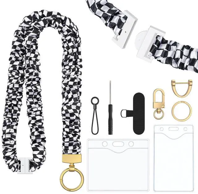 Main image of Scrunchie Lanyard, Cute Lanyards for ID Badges, Teacher Lanyard with ID Holder, Stretchy Lanyards for Teachers & Women, Lanyards for Keys, Black & White Checkered Keychain Lanyard