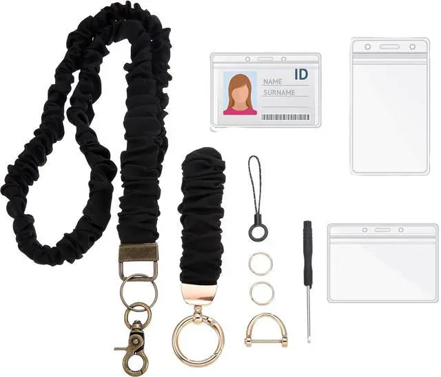 Main image of Scrunchie Lanyard for ID/Keys (2-Pack) - Teacher Scrunchie with Clip Closure | Stretchy Wristlet, D-Ring, Unisex Scrunchie Lanyard Teacher for Men, Women & Car Keys