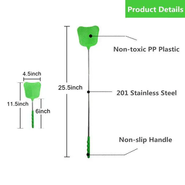 Alt view image 4 of 6 - Fly Swatters Extendable, Durable Plastic Fly Swatter Heavy Duty Set, Telescopic Flyswatter with Stainless Steel Handle for Indoor/Classroom/Office (3 Pack)