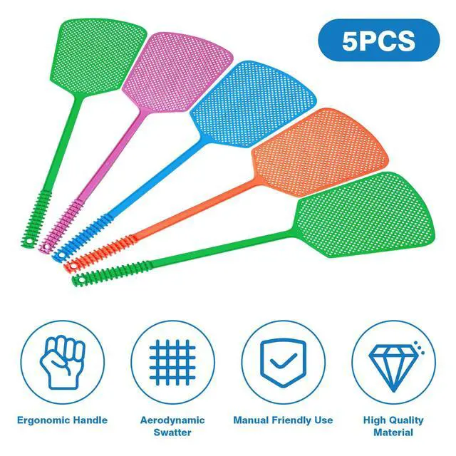 Alt view image 5 of 7 - 5 Pack Fly Swatter, Plastic Heavy Duty Manual Fly Killer, Long Handle Flyswatter, Large Bug Swatters, Work for Indoor and Outdoor, Blue Green Pink Orange
