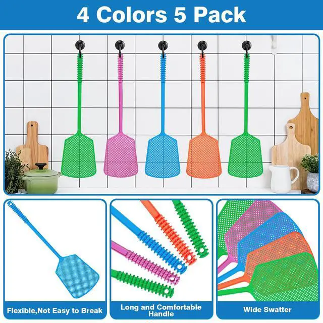 Alt view image 6 of 7 - 5 Pack Fly Swatter, Plastic Heavy Duty Manual Fly Killer, Long Handle Flyswatter, Large Bug Swatters, Work for Indoor and Outdoor, Blue Green Pink Orange