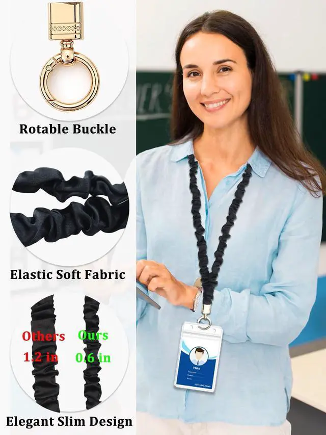 Alt view image 2 of 7 - Scrunchie Lanyard for Id Badges keys,Thin Stretchy Retractable Scrunchie Teacher Lanyards for women with 3 Id Holders