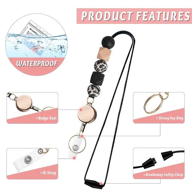 Alt view image 3 of 7 - Retractable Lanyards for ID Badges and Keys, Cute Silicone Beaded Breakaway Teacher Lanyard with ID Holder for Women, Nurses, Office, School