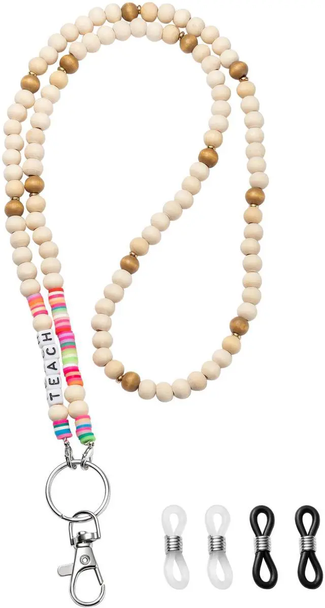 Main image of 5Pcs Teacher Lanyards for ID Badges Cute Teach Lanyard with ID Holder Keychain Wooden Beaded Lanyard Necklace Teacher Appreciation Gift School Work Jewelry Female Women Accessories