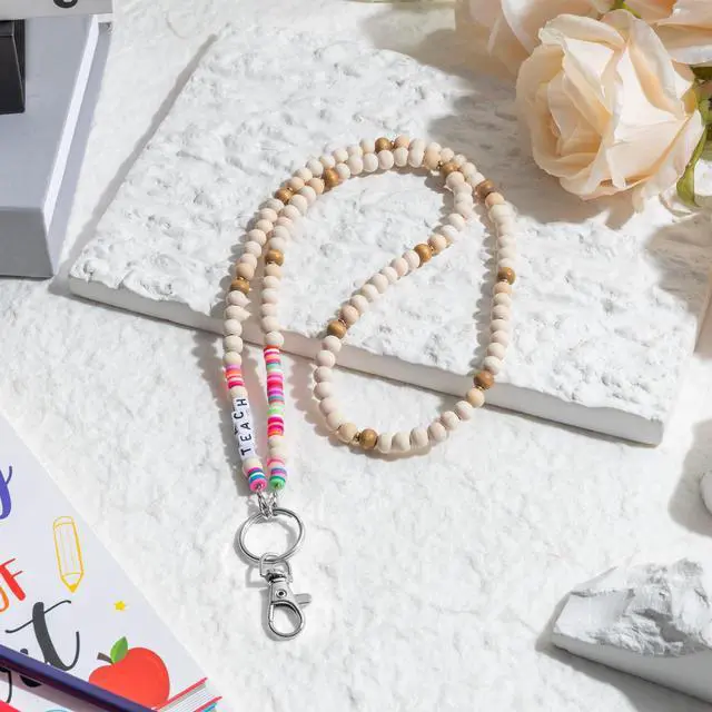 Alt view image 5 of 6 - 5Pcs Teacher Lanyards for ID Badges Cute Teach Lanyard with ID Holder Keychain Wooden Beaded Lanyard Necklace Teacher Appreciation Gift School Work Jewelry Female Women Accessories