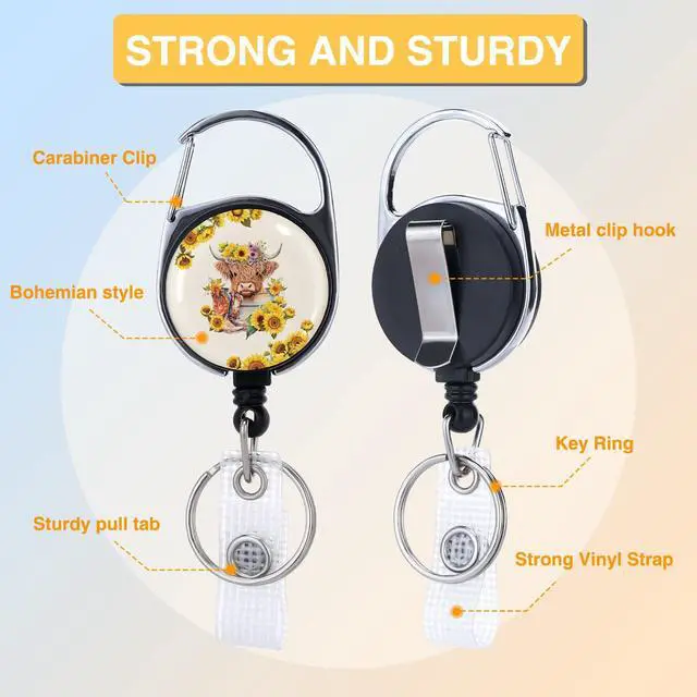 Alt view image 2 of 6 - Highland Cow Retractable Badge Holder - 2PCS Sunflower Highland Cow ID Badge Holders Reel Floral Carabiner Clip Retractable ID Name Tag Card Keychain Accessories for Women Teachers Nurse Office Gifts