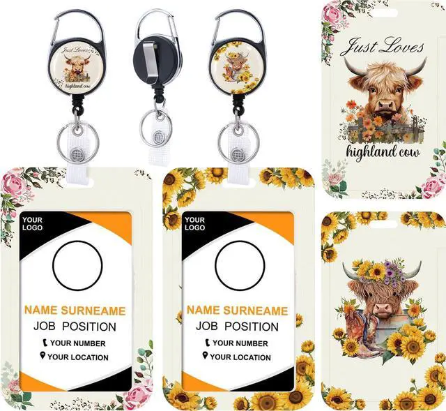Main image of Highland Cow Retractable Badge Holder - 2PCS Sunflower Highland Cow ID Badge Holders Reel Floral Carabiner Clip Retractable ID Name Tag Card Keychain Accessories for Women Teachers Nurse Office Gifts