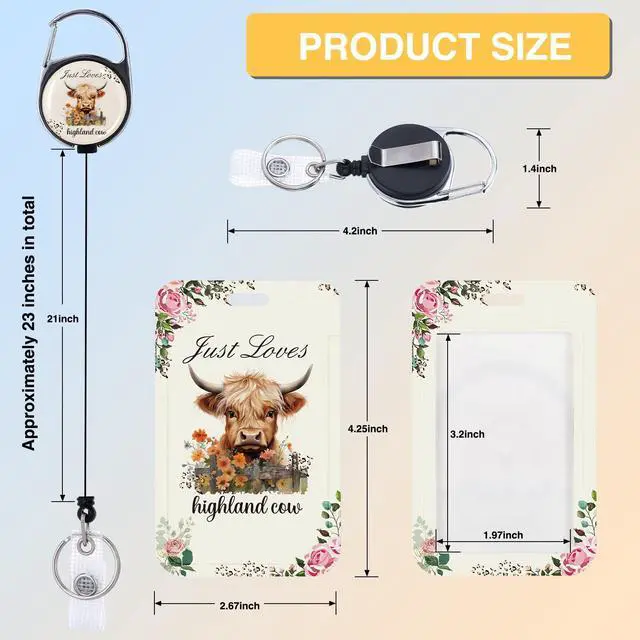 Alt view image 5 of 6 - Highland Cow Retractable Badge Holder - 2PCS Sunflower Highland Cow ID Badge Holders Reel Floral Carabiner Clip Retractable ID Name Tag Card Keychain Accessories for Women Teachers Nurse Office Gifts