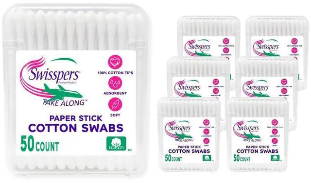 Main image of Take Along Cotton Swabs, 100% Cotton Double-Tipped, White Paper Sticks, Travel Size, 50 Count, Pack of 6