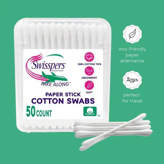 Alt view image 2 of 5 - Take Along Cotton Swabs, 100% Cotton Double-Tipped, White Paper Sticks, Travel Size, 50 Count, Pack of 6