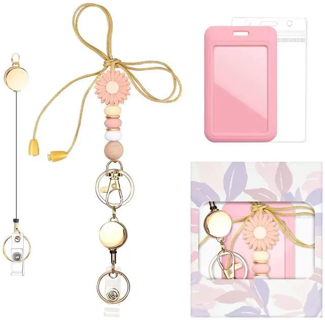 Main image of Colorful ID Badge Holder with Silicone Beads Lanyard Set,Cute Teacher Breakaway Lanyard for Keys & Keychain with Cute Retractable Badge Reel Holder,Gift for Women,Nurse, Teacher. (Pink Daisy)