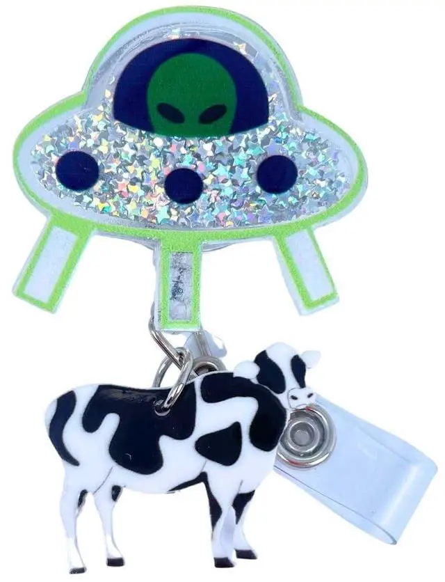 Main image of Cute UFO Cow Badge Reel Holder Retractable with ID Clip for Nurse Nursing Name Tag Card Funny Accessories with Alligator Clip Medical Assistant Office Student Work Hospital