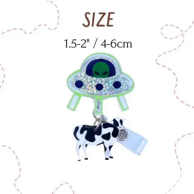 Alt view image 2 of 6 - Cute UFO Cow Badge Reel Holder Retractable with ID Clip for Nurse Nursing Name Tag Card Funny Accessories with Alligator Clip Medical Assistant Office Student Work Hospital
