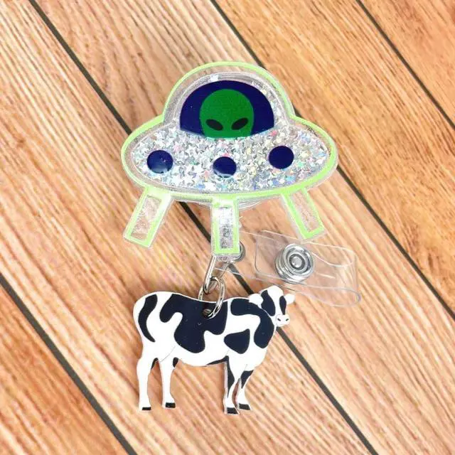 Alt view image 4 of 6 - Cute UFO Cow Badge Reel Holder Retractable with ID Clip for Nurse Nursing Name Tag Card Funny Accessories with Alligator Clip Medical Assistant Office Student Work Hospital